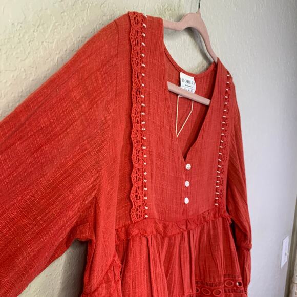 BOHERA Blouse XL Boho Shirred Ruffle Tiered Pinkilicious V-Neck Lace & Beads NWT - Picture 8 of 15